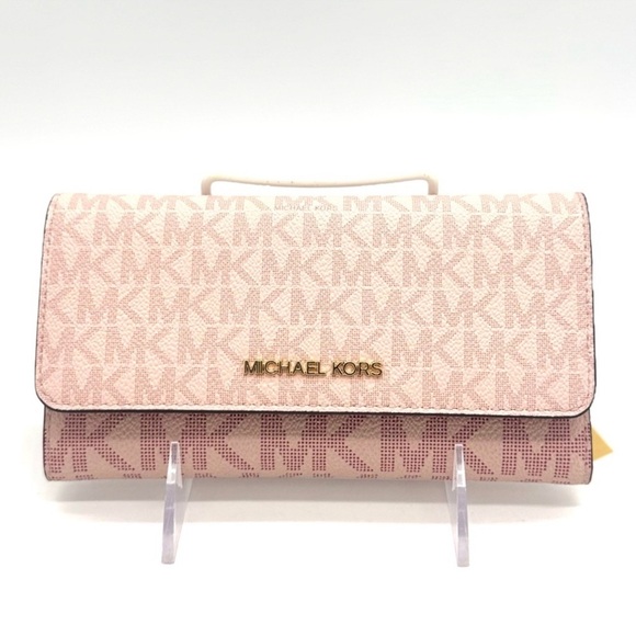 Michael Kors Jet Set Large Signature Logo TriFold Wallet Powder Blush Multi - Picture 2 of 9